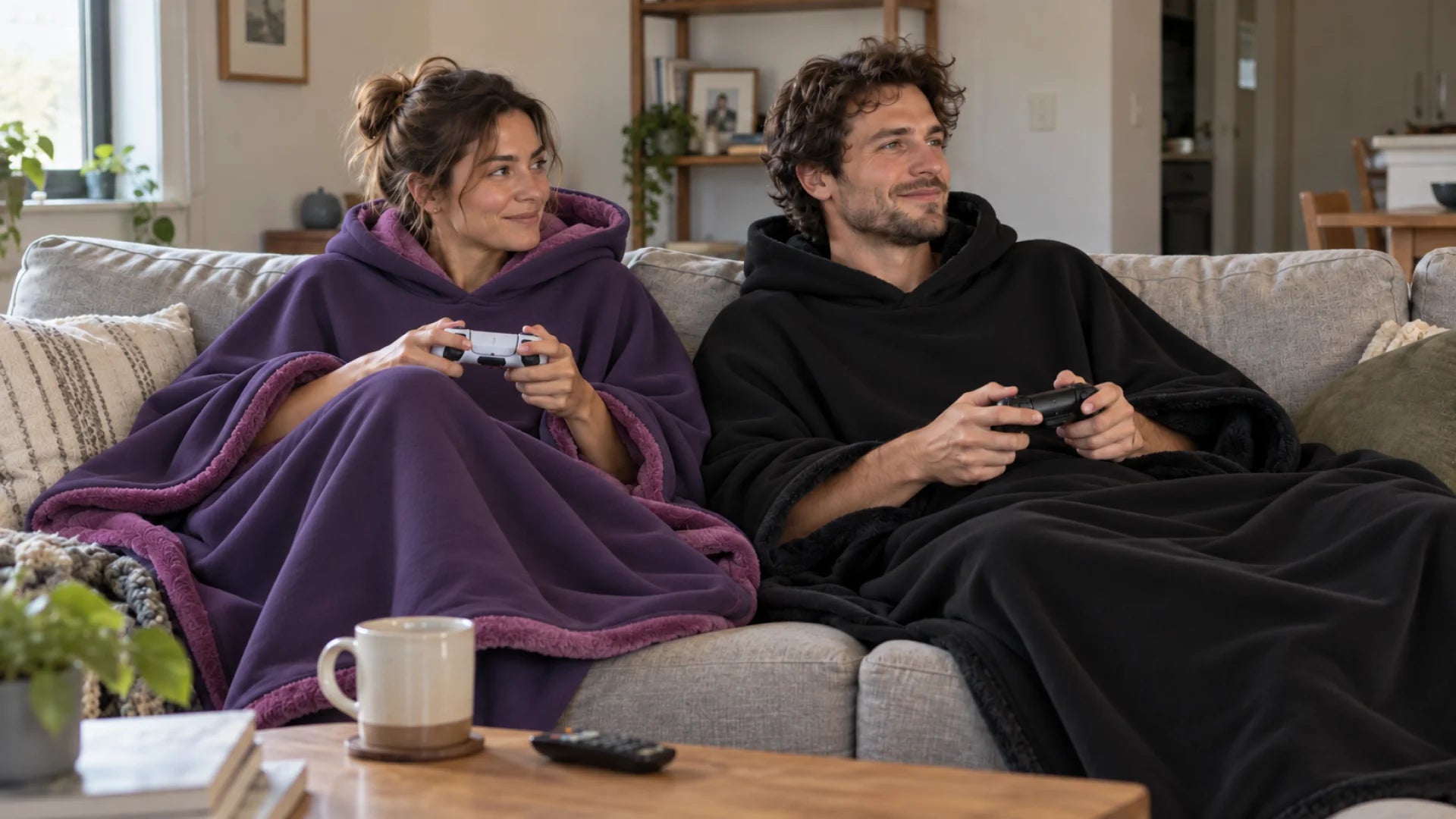 Happy models playing video games together in Eden Hoodies