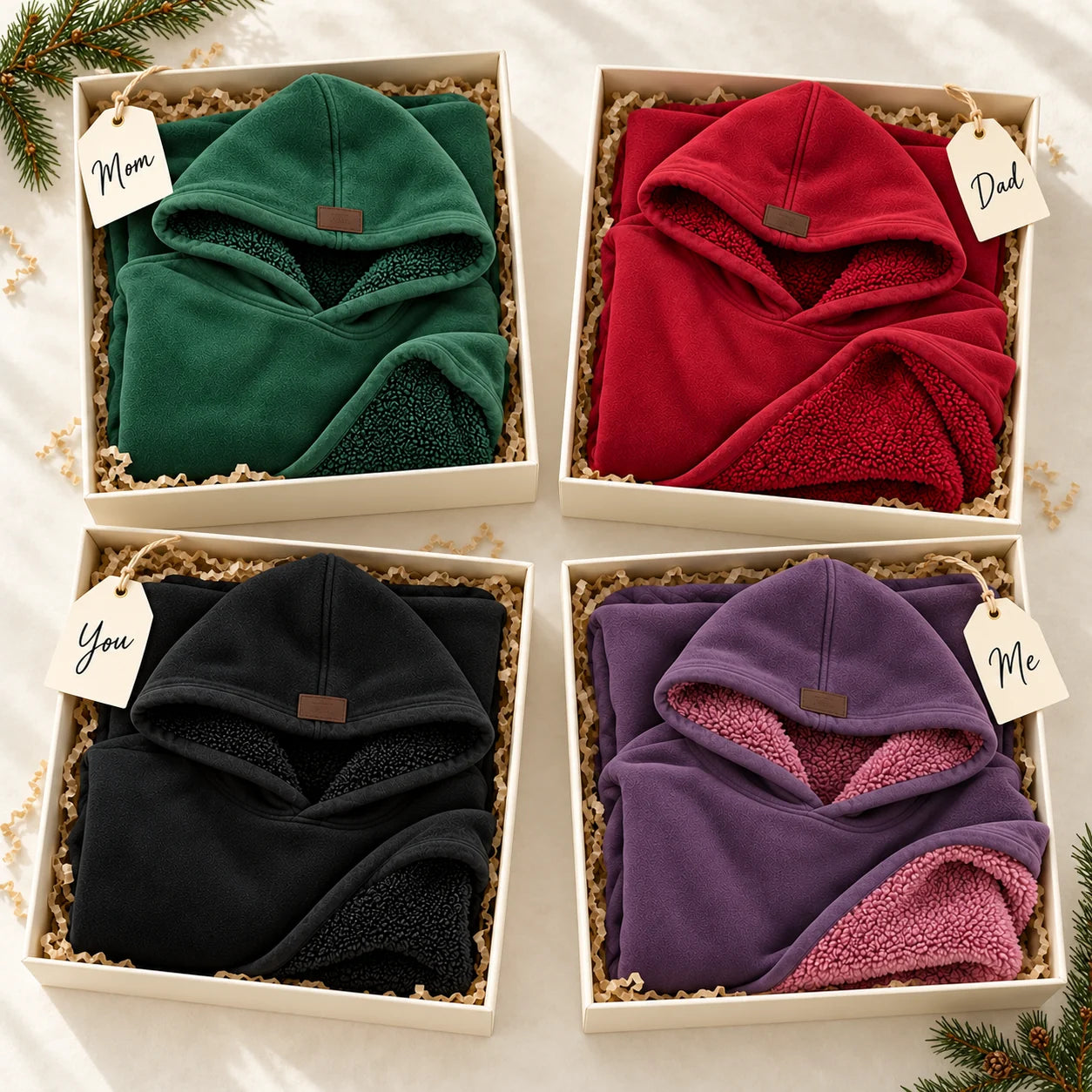 Four Eden Hoodies wrapped as individual Christmas gifts